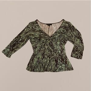 Green leaf print twist bust top with 3/4 sleeves, forest nymph fairy boho hippie
